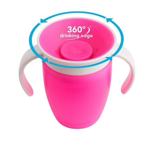 Pink sippy cup with a white handle and '360° drinking edge' text on a white background