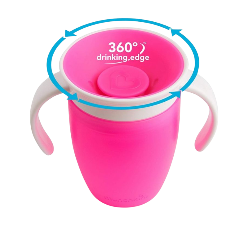 Pink sippy cup with a white handle and '360° drinking edge' text on a white background