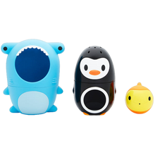 Load image into Gallery viewer, Three colourful nesting bath toys designed to look like a shark, penguin, and fish, arranged in a nesting pattern with the shark on top, the penguin in the middle, and the fish at the bottom.

