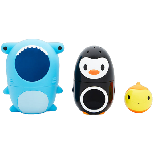 Three colourful nesting bath toys designed to look like a shark, penguin, and fish, arranged in a nesting pattern with the shark on top, the penguin in the middle, and the fish at the bottom.