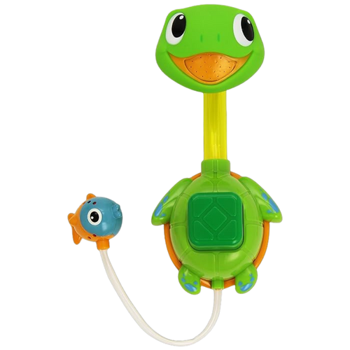 A colourful Munchkin Turtle Shower toy with a green base and a yellow neck, with suction cups on the bottom and a small blue fish-like figure attached to it.