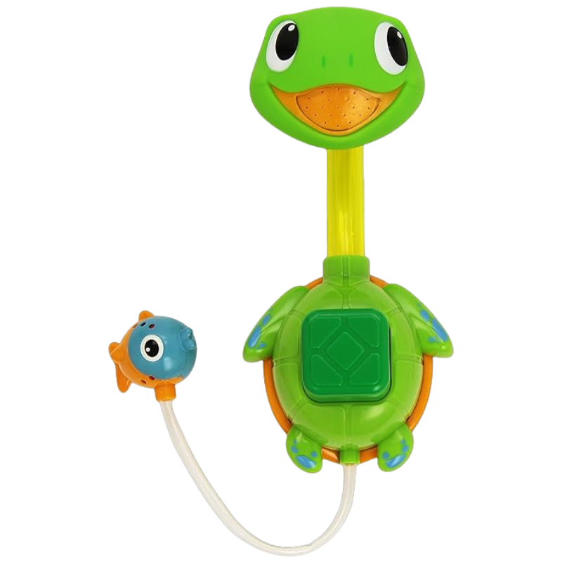 A colourful Munchkin Turtle Shower toy with a green base and a yellow neck, with suction cups on the bottom and a small blue fish-like figure attached to it.