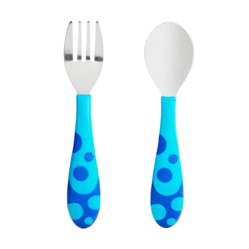 A toddler fork and spoon set with blue handles featuring white polka dots and metallic silverware.