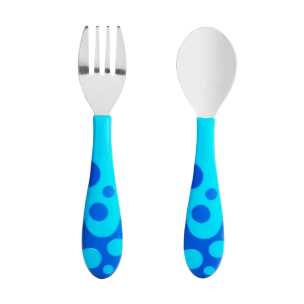 A toddler fork and spoon set with blue handles featuring white polka dots and metallic silverware.