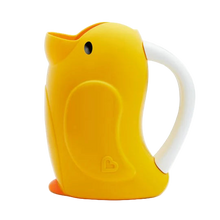 Load image into Gallery viewer, A yellow Munchkin Duckling Bath Rinser designed for children, with a flexible spout and a handle for easy grip.
