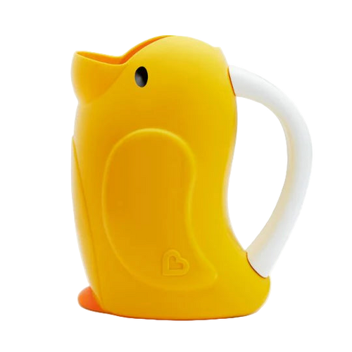 A yellow Munchkin Duckling Bath Rinser designed for children, with a flexible spout and a handle for easy grip.