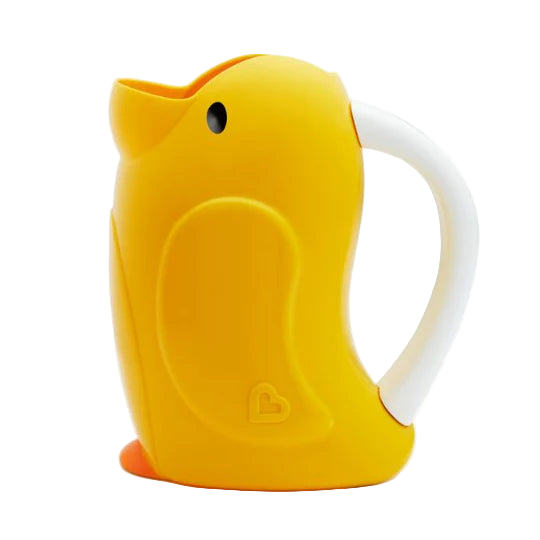 A yellow Munchkin Duckling Bath Rinser designed for children, with a flexible spout and a handle for easy grip.