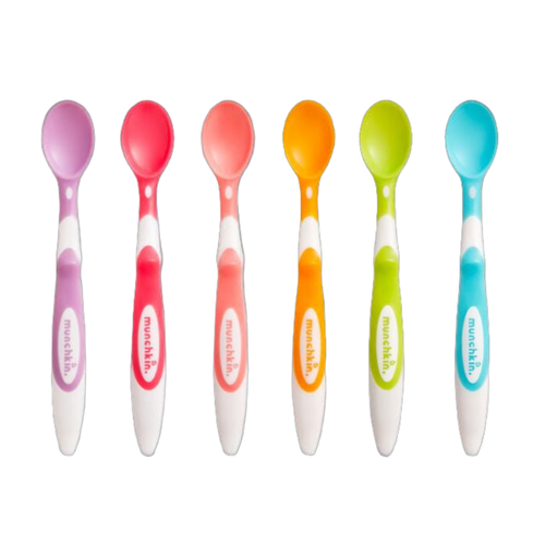 A set of six colourful infant spoons with soft tips and ergonomic handles, designed by Munchkin.
