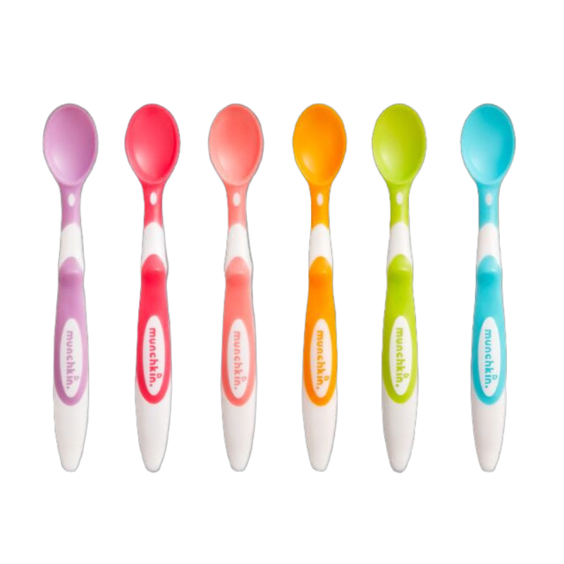A set of six colourful infant spoons with soft tips and ergonomic handles, designed by Munchkin.