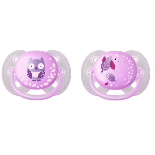 Two Philips Avent ultra soft pacifiers designed for 0-6M babies, with forest animal themes, including an owl and a rabbit, in purple and pink colors.