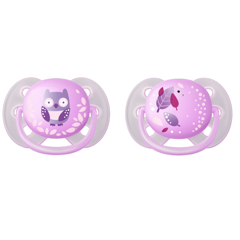 Two Philips Avent ultra soft pacifiers designed for 0-6M babies, with forest animal themes, including an owl and a rabbit, in purple and pink colors.