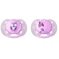Two Philips Avent ultra soft pacifiers designed for 0-6M babies, with forest animal themes, including an owl and a rabbit, in purple and pink colors.