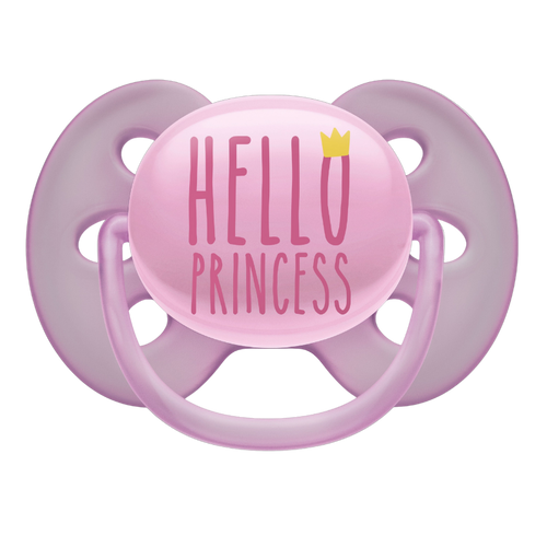 A pink Philips Avent Soother Ultra Soft pacifier designed for 6-18 month old babies with a 'Hello Princess' print on the top.