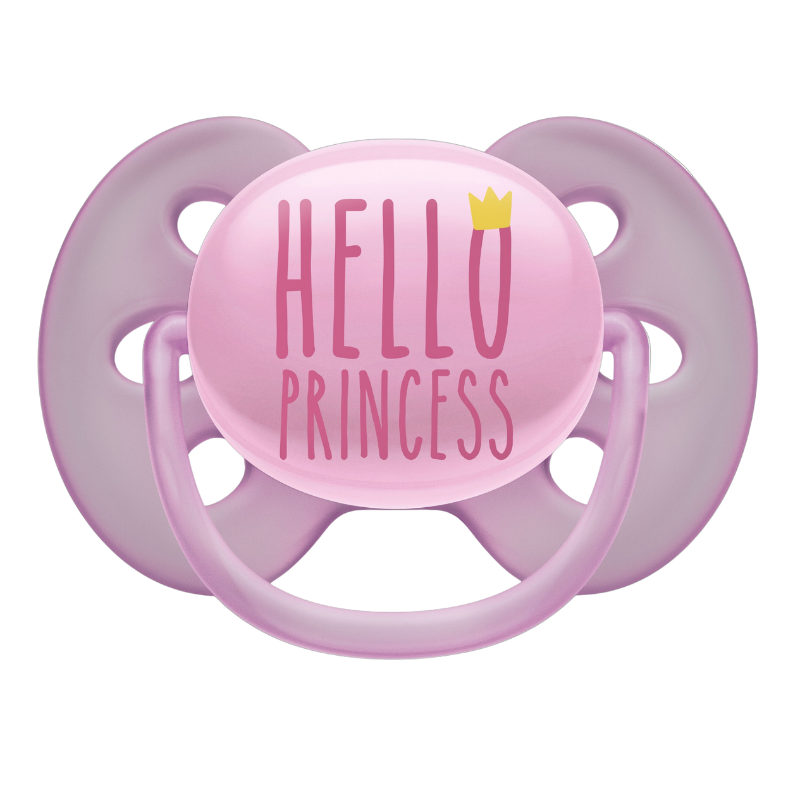 A pink Philips Avent Soother Ultra Soft pacifier designed for 6-18 month old babies with a 'Hello Princess' print on the top.