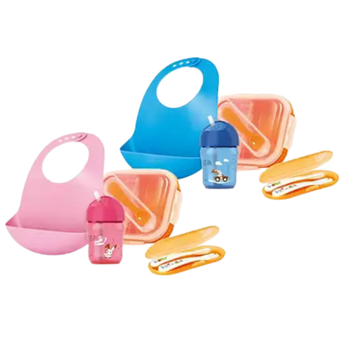 Philips Avent Toddler on The Go Set, including pink and blue bibs, bottles, and straws.