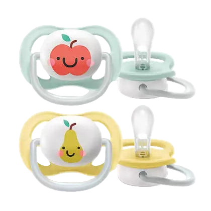 Two Philips Avent pacifiers with fruit designs, one with an apple and the other with a pear, in colors green, white, and yellow, with straps in gray and yellow.