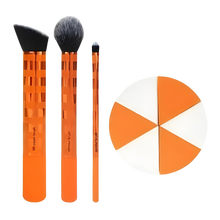 Load image into Gallery viewer, Set of orange makeup brushes and a white and orange round tool on a white background
