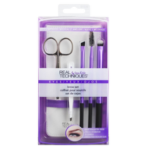 Load image into Gallery viewer, Real Techniques brow set packaging with tools and scissors on a white background
