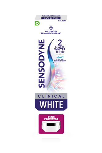 Sensodyne Clinical White toothpaste packaging on a white background