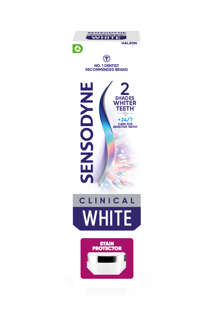Sensodyne Clinical White toothpaste packaging on a white background