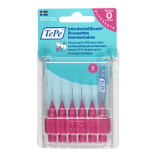 Load image into Gallery viewer, TePe Interdental Brush/ brossettes set in a clear plastic blister pack with a teal and pink backing card. The pack contains six pink interdental toothbrush in size 0.
