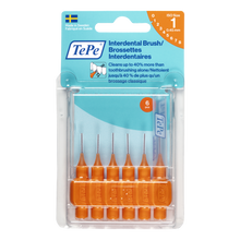 Load image into Gallery viewer, TePe Interdental Brush set in clear plastic packaging, featuring six orange-handled interdental brushes with metal tips and a blue-and-white header card.
