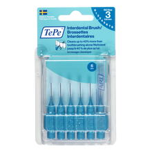 Load image into Gallery viewer, TePe Interdental Brush set in clear plastic packaging, featuring six blue-handled interdental brushes with metal tips and a blue-and-white header card.

