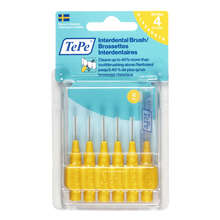 Load image into Gallery viewer, TePe Interdental Brush set in clear plastic packaging, featuring six yellow-handled interdental brushes with metal tips and a blue-and-white header card.
