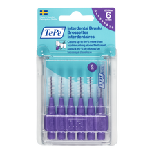 Load image into Gallery viewer, TePe Interdental Brush set in clear plastic packaging, featuring six purple-handled interdental brushes with metal tips and a blue-and-white header card.
