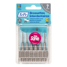 Load image into Gallery viewer, TePe Interdental Brush set in clear plastic packaging, featuring six grey-handled interdental brushes with metal tips and a blue-and-white header card.
