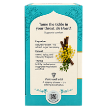 Load image into Gallery viewer, The side of the Yogi Tea Throat Comfort box, featuring a teal and cream design with botanical illustrations of fennel, liquorice, and thyme, and text detailing the ingredients and benefits.
