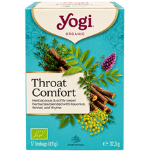 Load image into Gallery viewer, A box of Yogi Organic Throat Comfort herbal tea on a plain background. The packaging features a turquoise blue background with illustrations of herbs, liquorice, and flowers, and the Yogi brand logo at the top.
