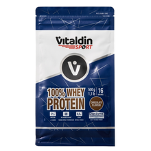 Load image into Gallery viewer, A front-facing studio shot of a 500g bag of Vitaldin Sport 100% Whey Protein in Chocolate Flavor. The packaging is blue and white with silver accents, featuring key callouts: 21.2g of protein, no added sugar, and 6.5mg of BCAA per serving. The bag indicates it contains 16 servings.
