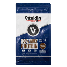 Load image into Gallery viewer, A 500g bag of Vitaldin Sport chocolate-flavoured 100% Whey Protein powder.
