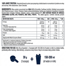 Load image into Gallery viewer, The back of the Vitaldin Sport Whey Protein packaging showing the full nutritional facts table, ingredient list, and directions for use. The label specifies the inclusion of DigeZyme multi-enzyme blend and provides a breakdown of calories, fats, carbs, and protein per 100g and per 30g serving. Graphics at the bottom illustrate the mixing ratio of 3 scoops (30g) to 150-200ml of water or milk.
