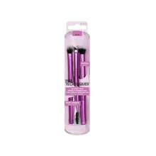 Load image into Gallery viewer, The packaged Real Techniques Eye Shade + Blend Set, featuring multiple purple-handled eye brushes, including a bonus brush and a dual-ended brow tool for complete eye makeup looks.
