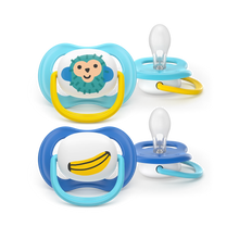 Load image into Gallery viewer, Advantage pacifier set, featuring blue and yellow pacifiers with cute monkey and banana designs. Orthodontic soothers for babies 0-6 months.
