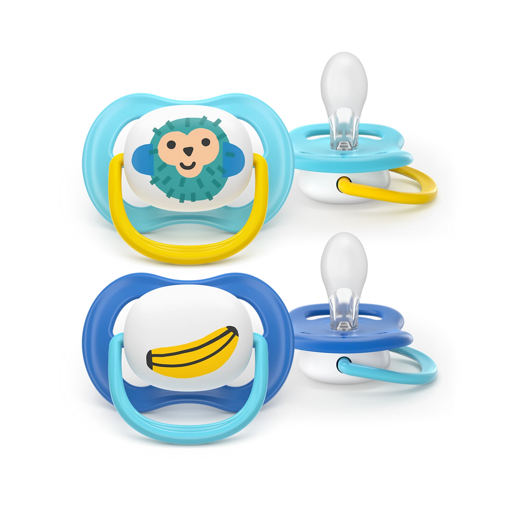 Advantage pacifier set, featuring blue and yellow pacifiers with cute monkey and banana designs. Orthodontic soothers for babies 0-6 months.