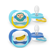 Advantage pacifier set, featuring blue and yellow pacifiers with cute monkey and banana designs. Orthodontic soothers for babies 0-6 months.