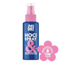 Load image into Gallery viewer, A blue bottle of A.N.D. beauty HOCl Spray with a pink cap and a "Dermatologically Tested" seal.

