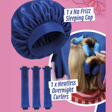 Load image into Gallery viewer, Blue no frizz sleeping cap and blue heatless overnight curlers on a pink background with an example
