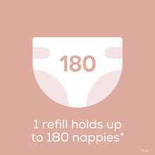 Load image into Gallery viewer, Angelcare refill cassette capacity graphic: One refill holds up to 180 nappies (diapers) depending on size.
