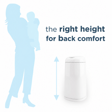 Load image into Gallery viewer, Diagram showing the ergonomic height design of the Angelcare Dress Up nappy bin for adult back comfort, available with free delivery across Malta &amp; Gozo.
