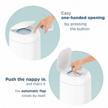 Load image into Gallery viewer, Diagram demonstrating easy one-handed opening button and automatic closing flap of the Angelcare Dress Up nappy bin, available with free delivery across Malta &amp; Gozo.
