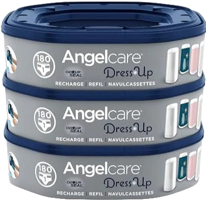 Angelcare Dress-Up Diaper Pail Refill Cassettes 3-pack. Odour-Lock technology seals in smells. Compatible with Dress-Up pail.