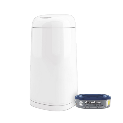 Angelcare Nappy Disposal System Pail in white shown with one Odour-Lock refill cassette.