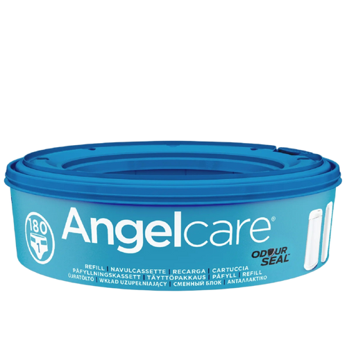 Angelcare Diaper Pail Refill Cassette in blue. Features Odour-Lock seal and multi-layer antibacterial film.