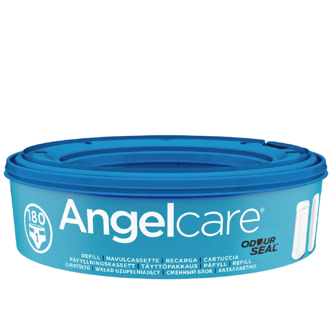 Angelcare Diaper Pail Refill Cassette in blue. Features Odour-Lock seal and multi-layer antibacterial film.