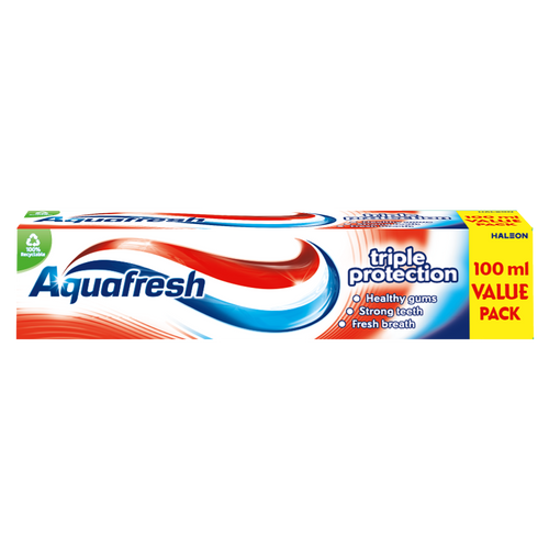 Aquafresh Active Fresh 100ml toothpaste with fluoride, menthol freshness, and 3-in-1 care for oral health.