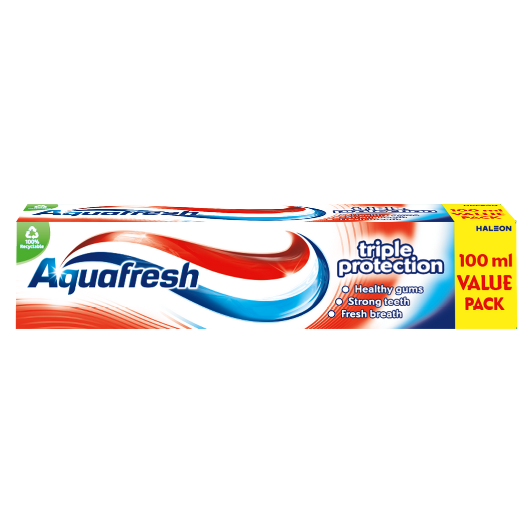 Aquafresh Active Fresh 100ml toothpaste with fluoride, menthol freshness, and 3-in-1 care for oral health.